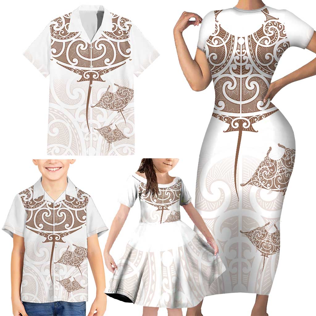 New Zealand Manta Ray Tattoo Family Matching Short Sleeve Bodycon Dress and Hawaiian Shirt Aotearoa Maori Haehae Beige - Aussie Hoodie