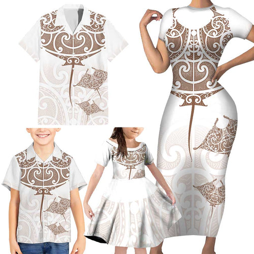 New Zealand Manta Ray Tattoo Family Matching Short Sleeve Bodycon Dress and Hawaiian Shirt Aotearoa Maori Haehae Beige - Aussie Hoodie