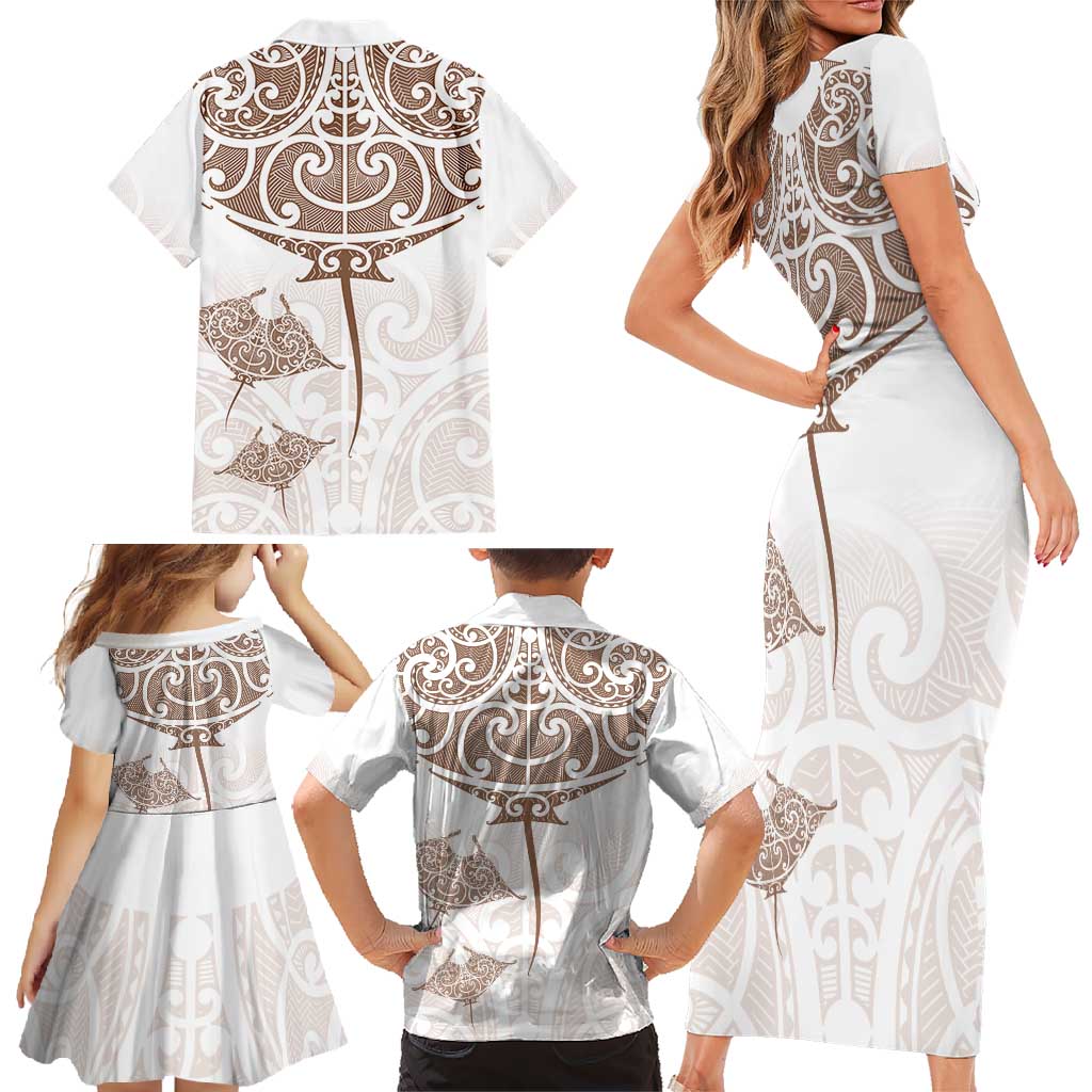 New Zealand Manta Ray Tattoo Family Matching Short Sleeve Bodycon Dress and Hawaiian Shirt Aotearoa Maori Haehae Beige - Aussie Hoodie