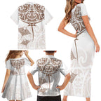 New Zealand Manta Ray Tattoo Family Matching Short Sleeve Bodycon Dress and Hawaiian Shirt Aotearoa Maori Haehae Beige - Aussie Hoodie