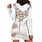 New Zealand Manta Ray Tattoo Hoodie Dress Aotearoa Maori Haehae Beige - Aussie Hoodie