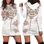 New Zealand Manta Ray Tattoo Hoodie Dress Aotearoa Maori Haehae Beige - Aussie Hoodie