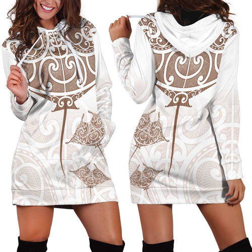 New Zealand Manta Ray Tattoo Hoodie Dress Aotearoa Maori Haehae Beige - Aussie Hoodie