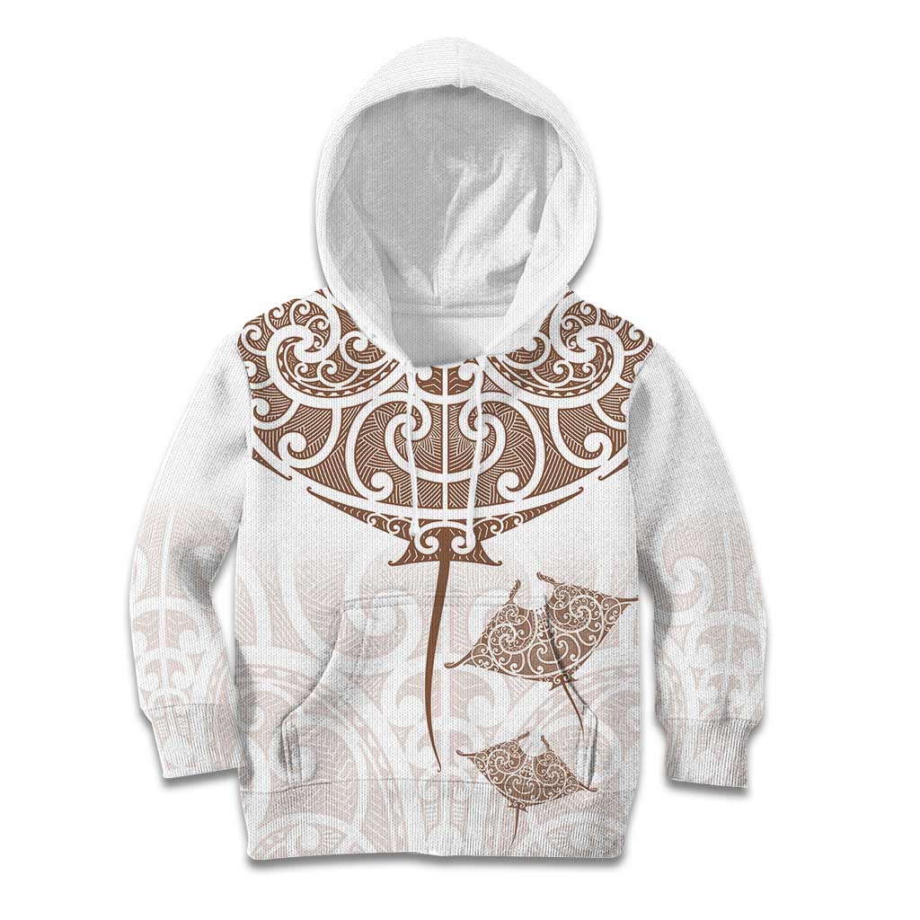 New Zealand Manta Ray Tattoo Kid Hoodie Aotearoa Maori Haehae Beige - Aussie Hoodie