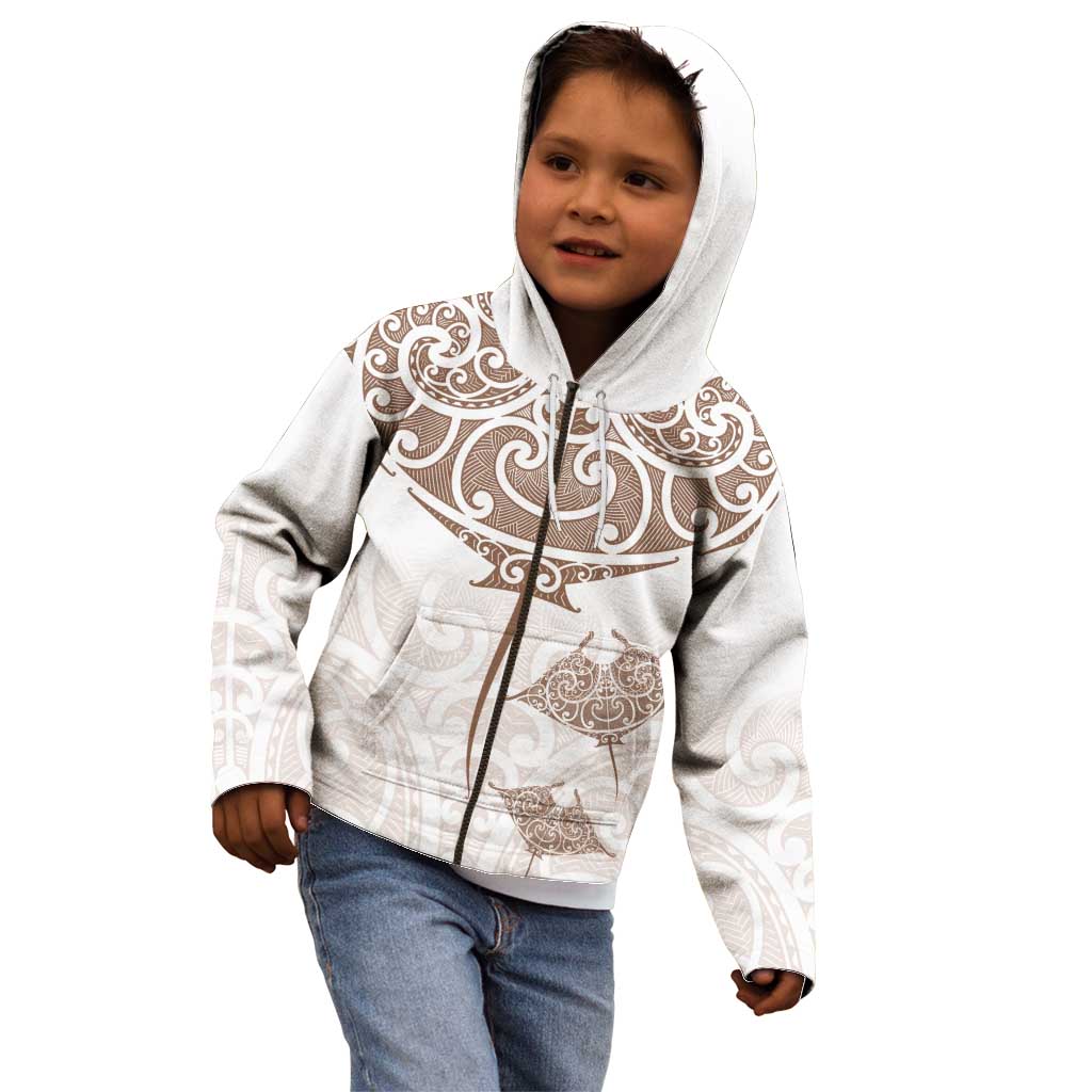 New Zealand Manta Ray Tattoo Kid Hoodie Aotearoa Maori Haehae Beige - Aussie Hoodie