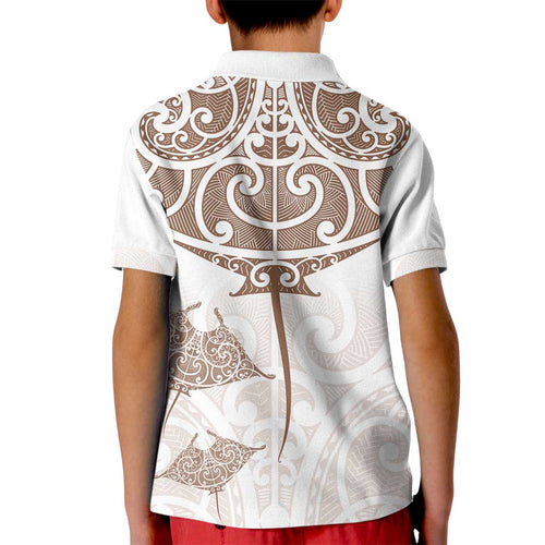 New Zealand Manta Ray Tattoo Kid Polo Shirt Aotearoa Maori Haehae Beige - Aussie Hoodie