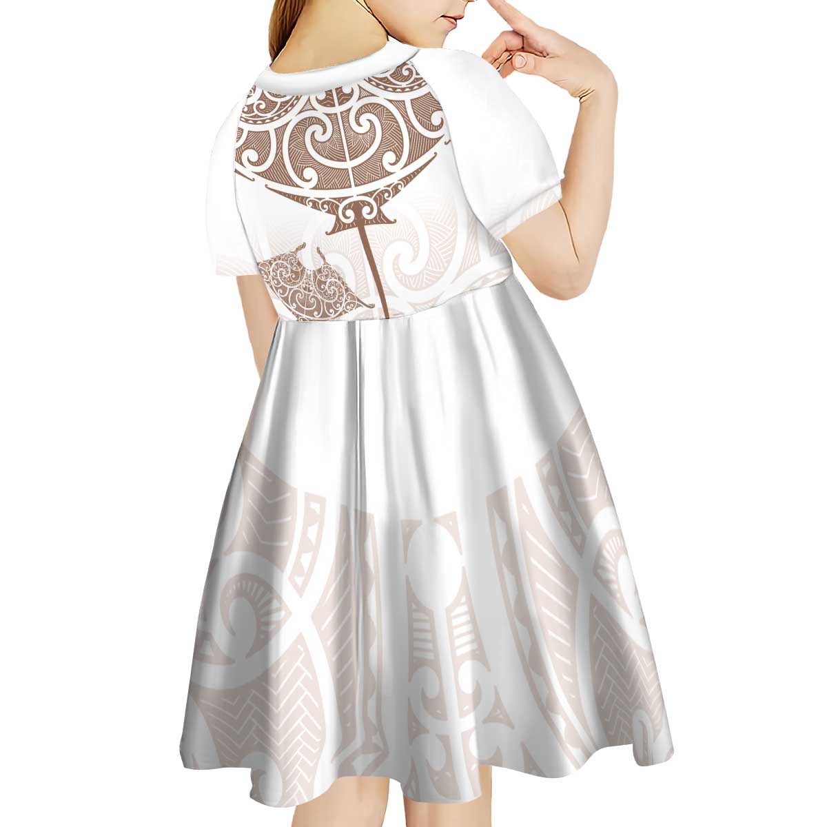 New Zealand Manta Ray Tattoo Kid Short Sleeve Dress Aotearoa Maori Haehae Beige - Aussie Hoodie