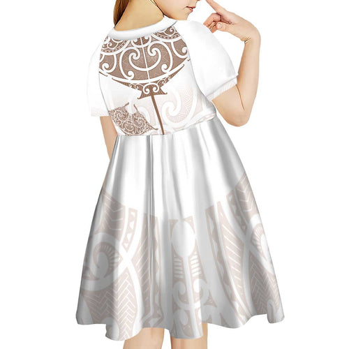 New Zealand Manta Ray Tattoo Kid Short Sleeve Dress Aotearoa Maori Haehae Beige - Aussie Hoodie