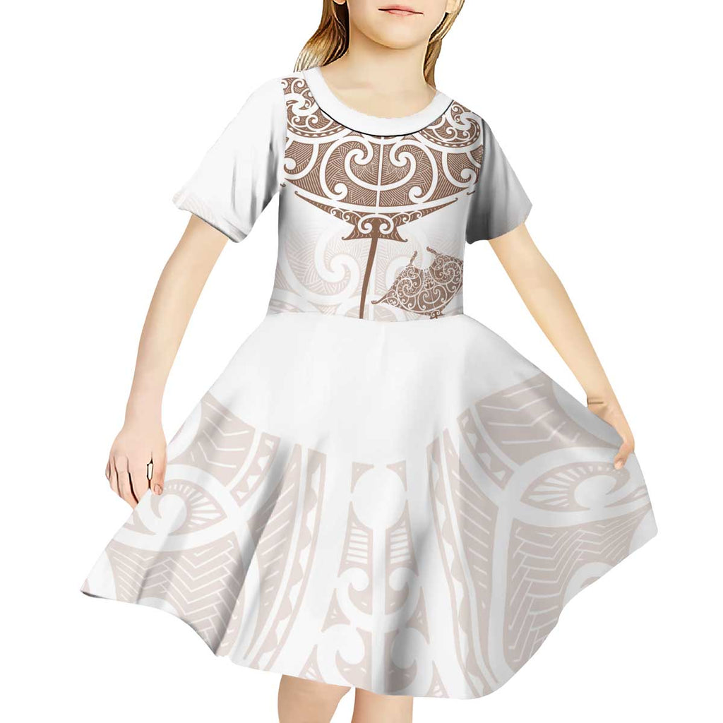 New Zealand Manta Ray Tattoo Kid Short Sleeve Dress Aotearoa Maori Haehae Beige - Aussie Hoodie