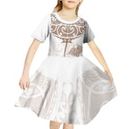 New Zealand Manta Ray Tattoo Kid Short Sleeve Dress Aotearoa Maori Haehae Beige - Aussie Hoodie