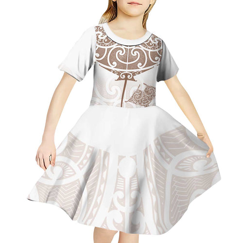 New Zealand Manta Ray Tattoo Kid Short Sleeve Dress Aotearoa Maori Haehae Beige - Aussie Hoodie