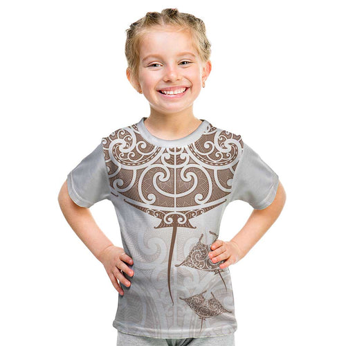 New Zealand Manta Ray Tattoo Kid T Shirt Aotearoa Maori Haehae Beige - Aussie Hoodie