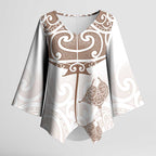 New Zealand Manta Ray Tattoo Kimono Sleeve Blouse Aotearoa Maori Haehae Beige - Aussie Hoodie