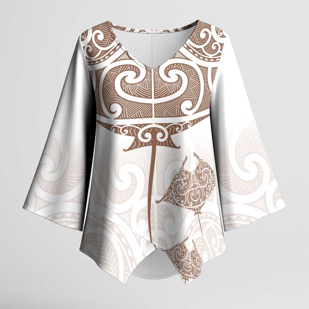 New Zealand Manta Ray Tattoo Kimono Sleeve Blouse Aotearoa Maori Haehae Beige - Aussie Hoodie