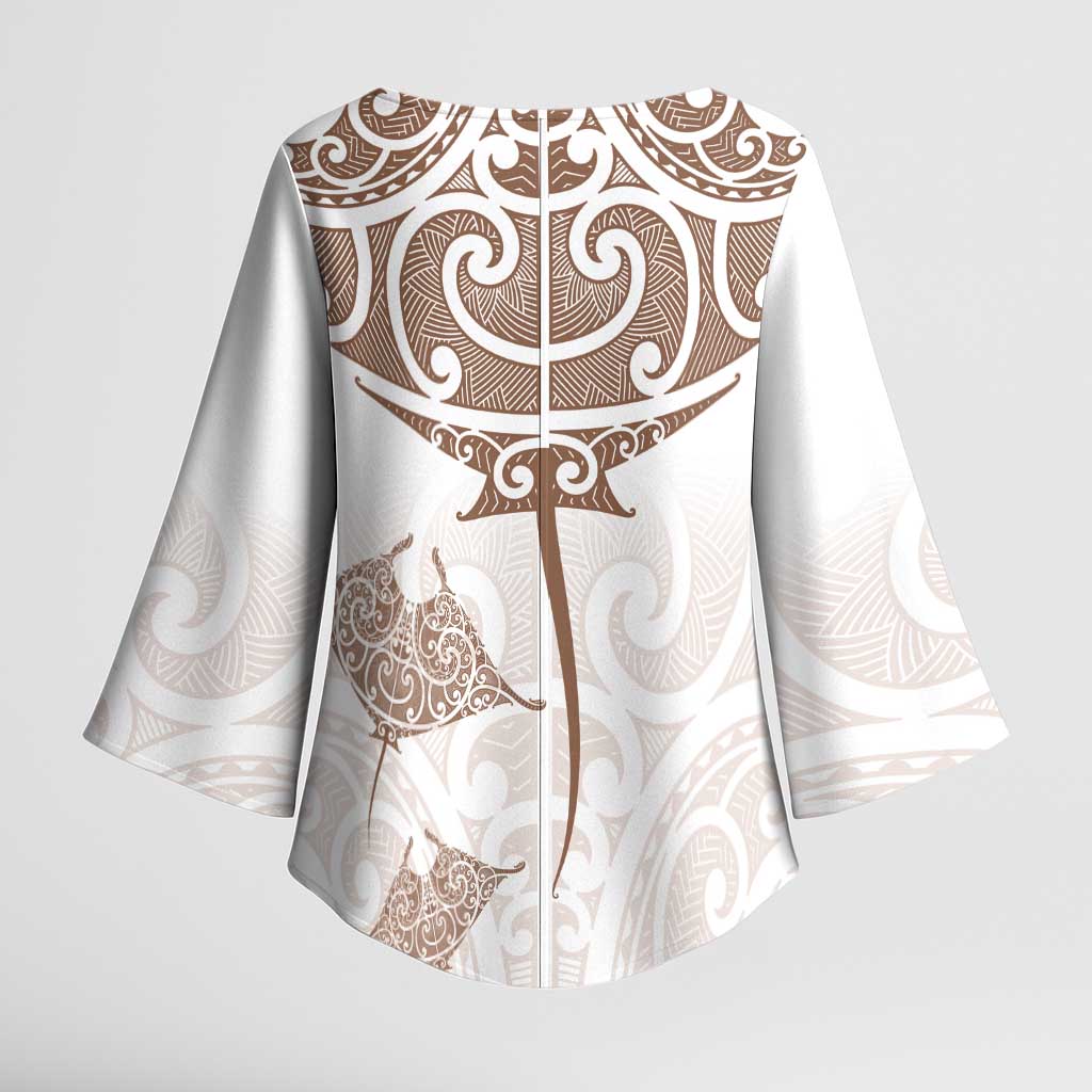 New Zealand Manta Ray Tattoo Kimono Sleeve Blouse Aotearoa Maori Haehae Beige - Aussie Hoodie