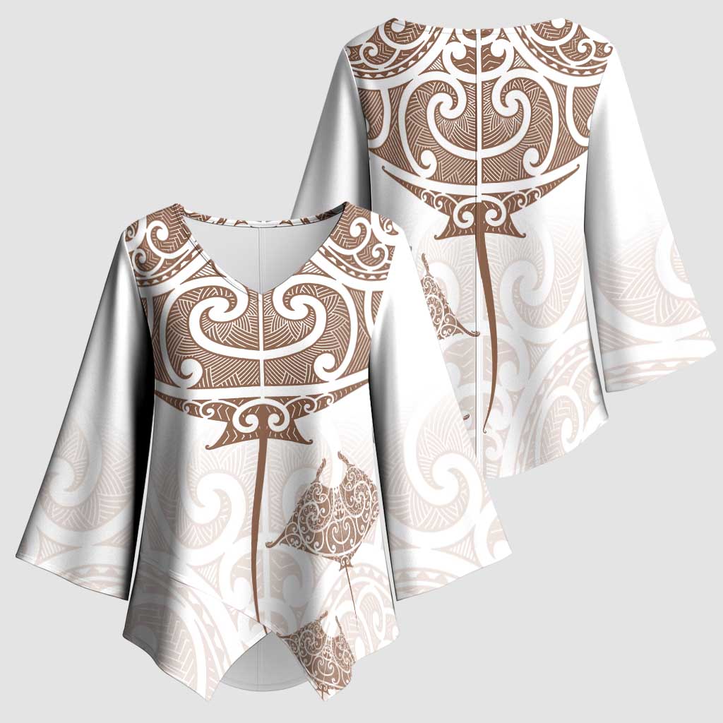 New Zealand Manta Ray Tattoo Kimono Sleeve Blouse Aotearoa Maori Haehae Beige - Aussie Hoodie
