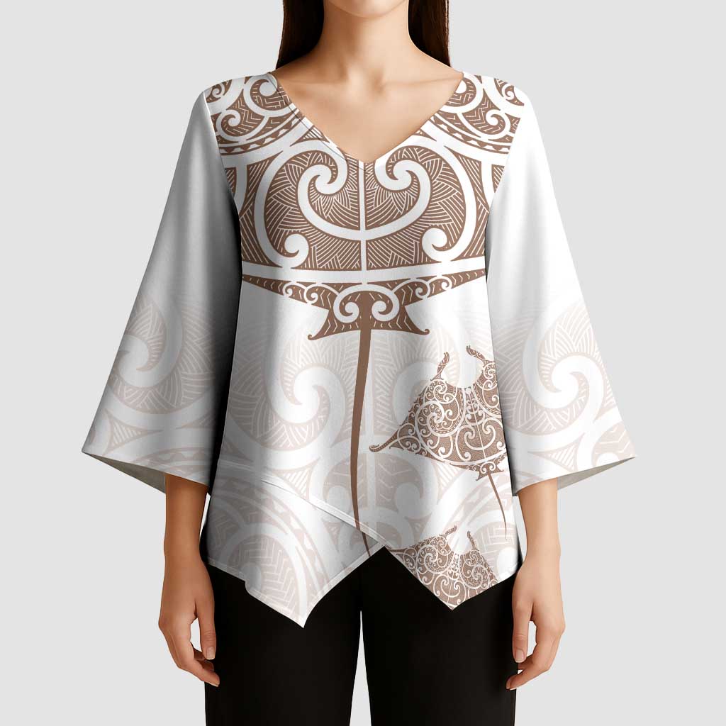 New Zealand Manta Ray Tattoo Kimono Sleeve Blouse Aotearoa Maori Haehae Beige - Aussie Hoodie