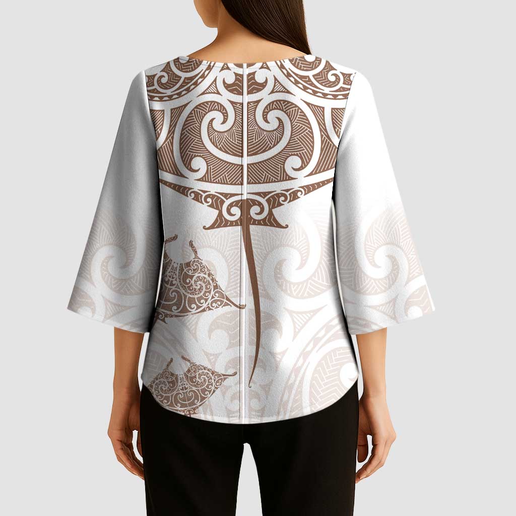 New Zealand Manta Ray Tattoo Kimono Sleeve Blouse Aotearoa Maori Haehae Beige - Aussie Hoodie