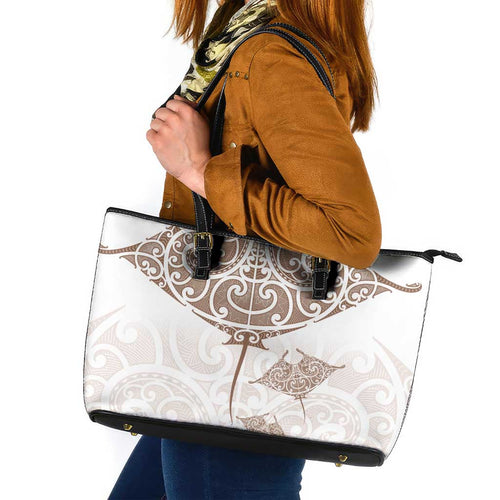 New Zealand Manta Ray Tattoo Leather Tote Bag Aotearoa Maori Haehae Beige - Aussie Hoodie