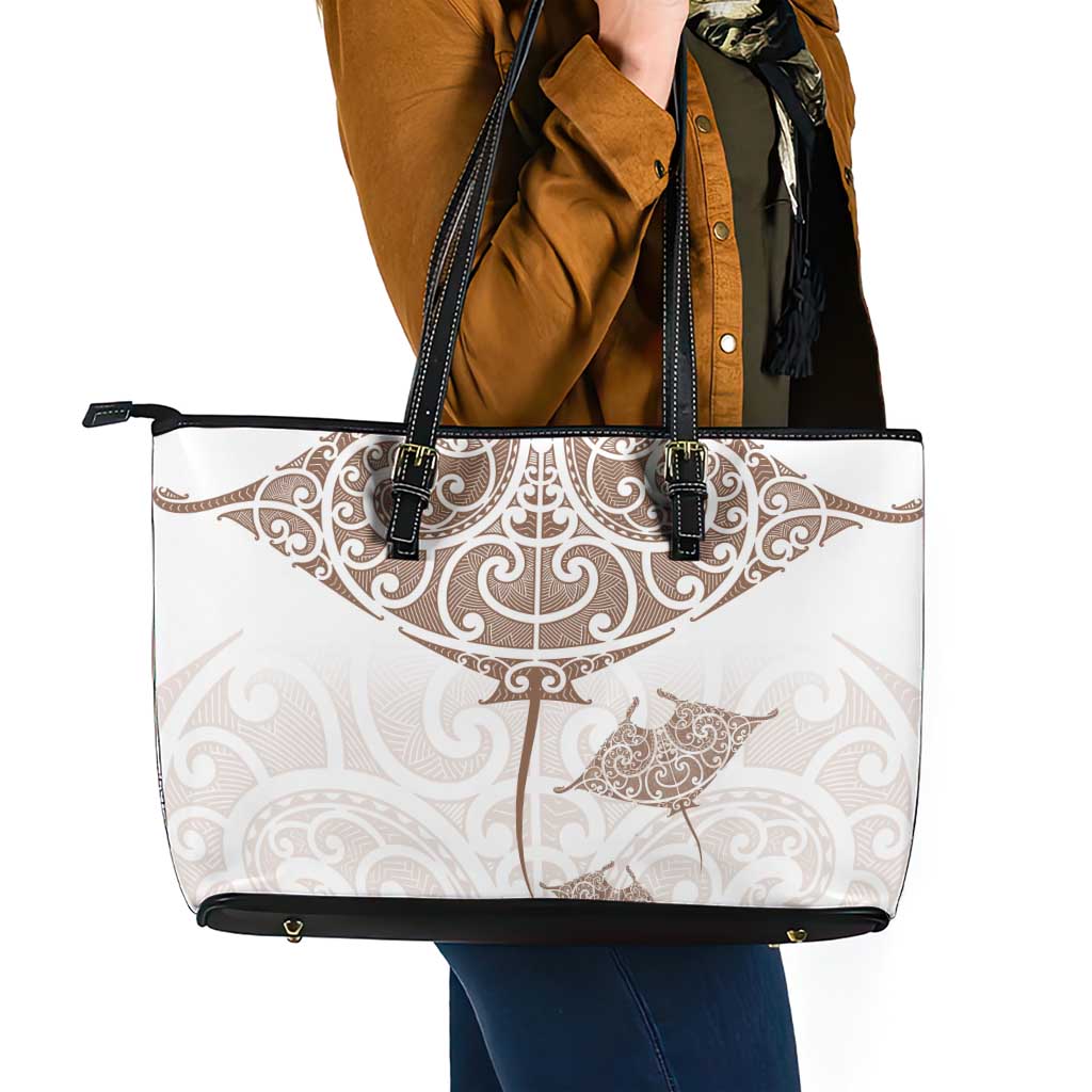 New Zealand Manta Ray Tattoo Leather Tote Bag Aotearoa Maori Haehae Beige - Aussie Hoodie