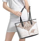 New Zealand Manta Ray Tattoo Leather Tote Bag Aotearoa Maori Haehae Beige - Aussie Hoodie