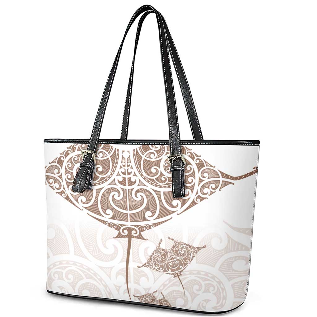 New Zealand Manta Ray Tattoo Leather Tote Bag Aotearoa Maori Haehae Beige - Aussie Hoodie