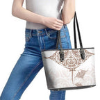 New Zealand Manta Ray Tattoo Leather Tote Bag Aotearoa Maori Haehae Beige - Aussie Hoodie