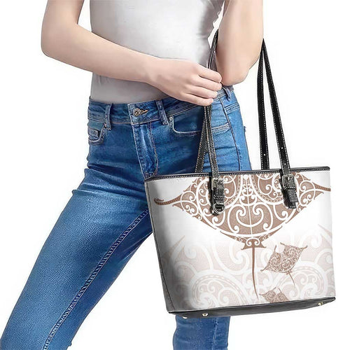 New Zealand Manta Ray Tattoo Leather Tote Bag Aotearoa Maori Haehae Beige - Aussie Hoodie
