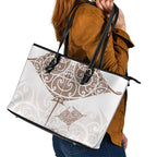New Zealand Manta Ray Tattoo Leather Tote Bag Aotearoa Maori Haehae Beige - Aussie Hoodie