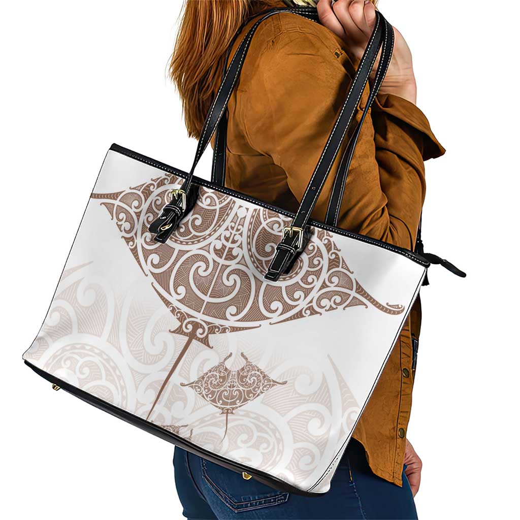 New Zealand Manta Ray Tattoo Leather Tote Bag Aotearoa Maori Haehae Beige - Aussie Hoodie