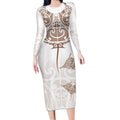 New Zealand Manta Ray Tattoo Long Sleeve Bodycon Dress Aotearoa Maori Haehae Beige - Aussie Hoodie