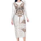 New Zealand Manta Ray Tattoo Long Sleeve Bodycon Dress Aotearoa Maori Haehae Beige - Aussie Hoodie