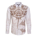 New Zealand Manta Ray Tattoo Long Sleeve Button Shirt Aotearoa Maori Haehae Beige - Aussie Hoodie