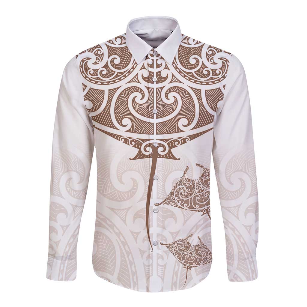 New Zealand Manta Ray Tattoo Long Sleeve Button Shirt Aotearoa Maori Haehae Beige - Aussie Hoodie