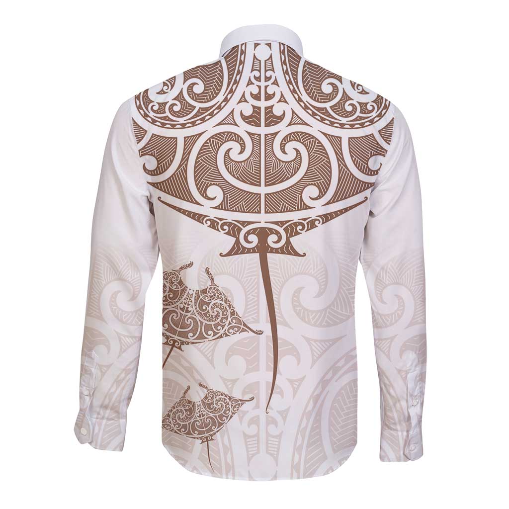 New Zealand Manta Ray Tattoo Long Sleeve Button Shirt Aotearoa Maori Haehae Beige - Aussie Hoodie