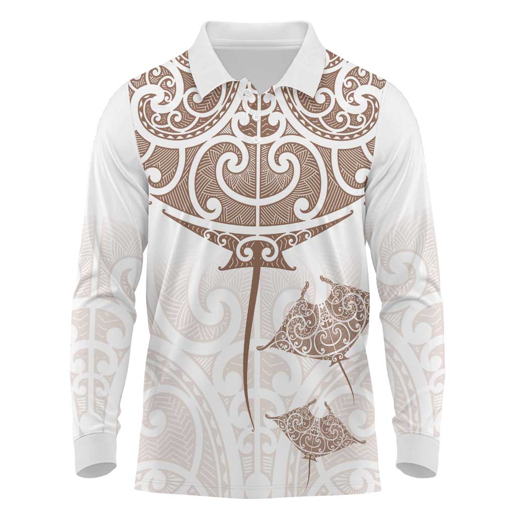 New Zealand Manta Ray Tattoo Long Sleeve Polo Shirt Aotearoa Maori Haehae Beige - Aussie Hoodie