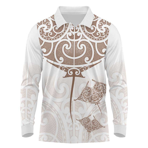 New Zealand Manta Ray Tattoo Long Sleeve Polo Shirt Aotearoa Maori Haehae Beige - Aussie Hoodie