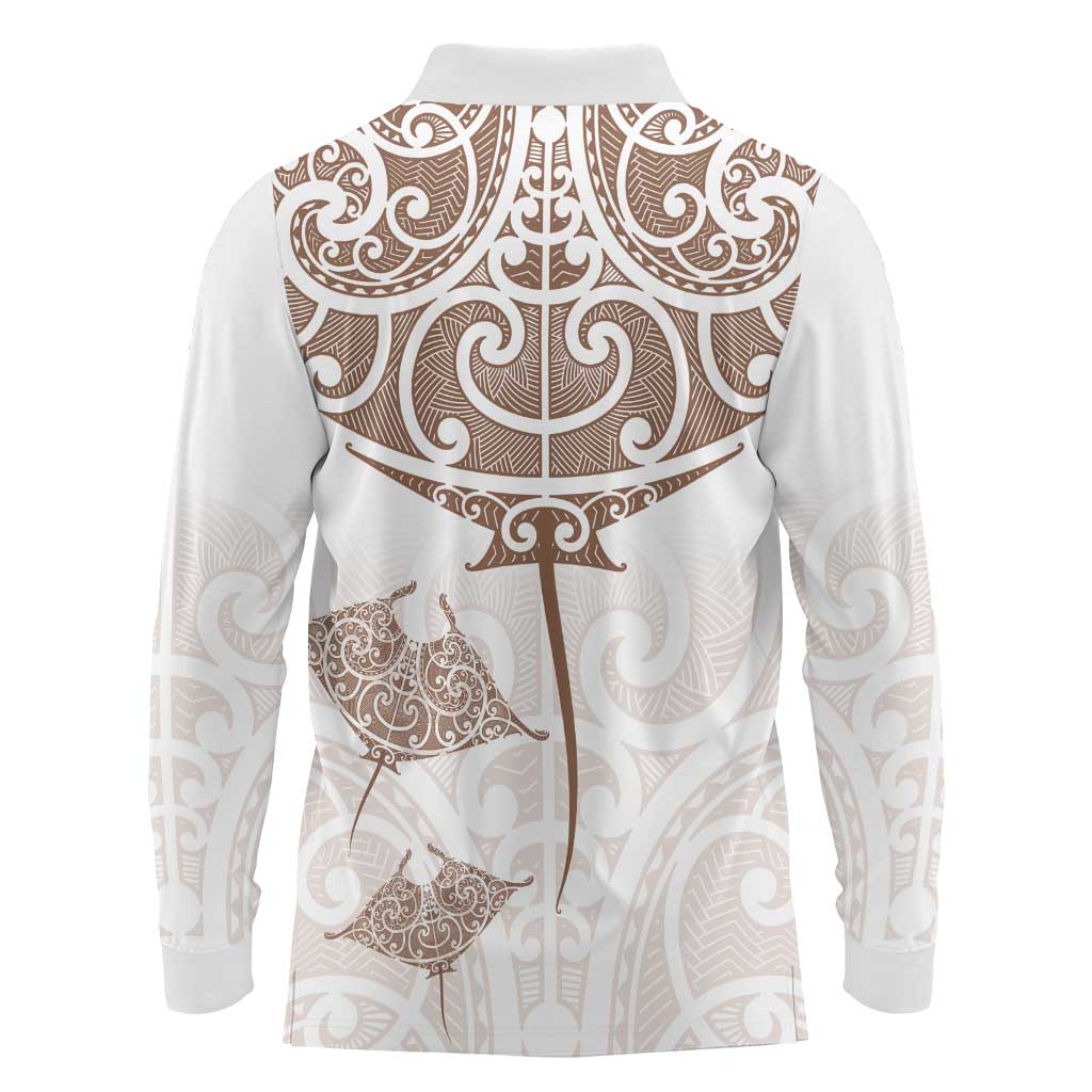 New Zealand Manta Ray Tattoo Long Sleeve Polo Shirt Aotearoa Maori Haehae Beige - Aussie Hoodie