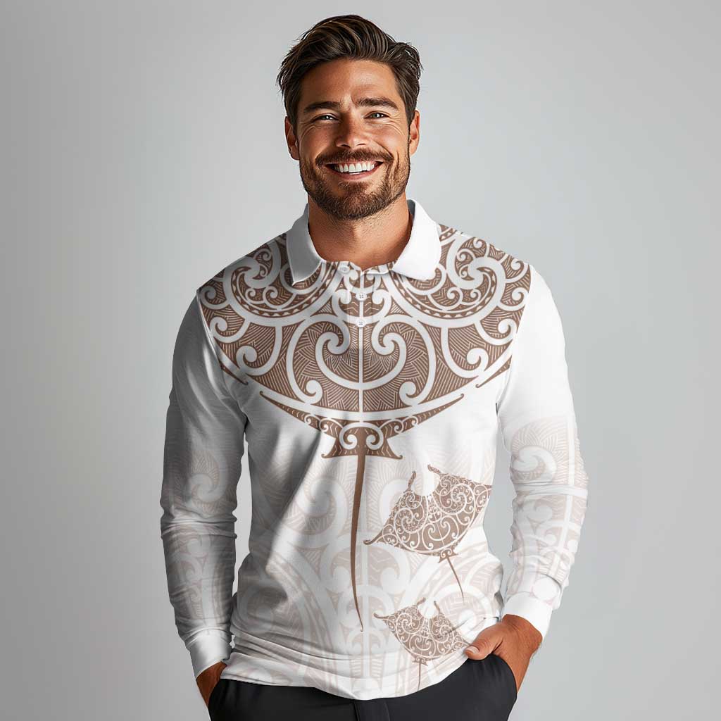New Zealand Manta Ray Tattoo Long Sleeve Polo Shirt Aotearoa Maori Haehae Beige - Aussie Hoodie