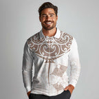 New Zealand Manta Ray Tattoo Long Sleeve Polo Shirt Aotearoa Maori Haehae Beige - Aussie Hoodie