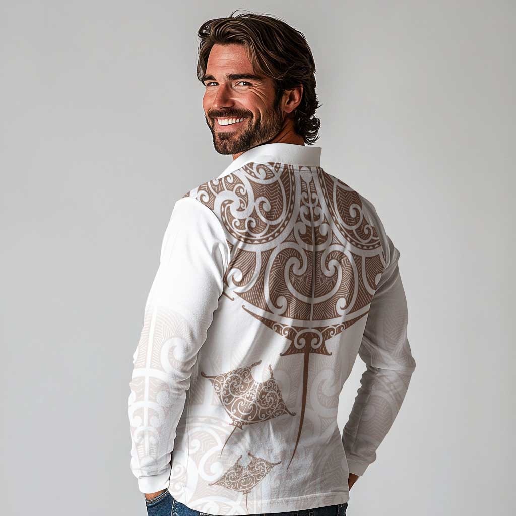 New Zealand Manta Ray Tattoo Long Sleeve Polo Shirt Aotearoa Maori Haehae Beige - Aussie Hoodie
