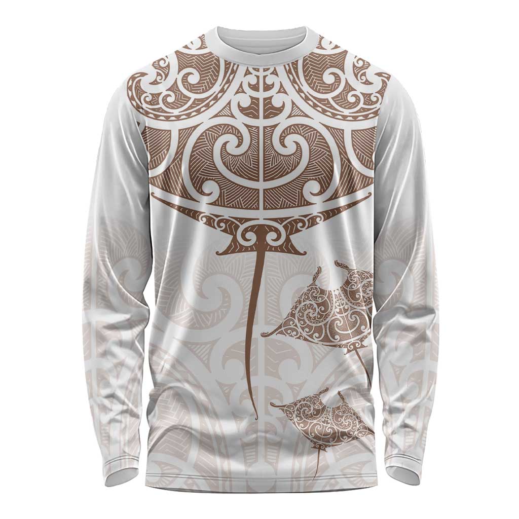 New Zealand Manta Ray Tattoo Long Sleeve Shirt Aotearoa Maori Haehae Beige - Aussie Hoodie