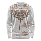 New Zealand Manta Ray Tattoo Long Sleeve Shirt Aotearoa Maori Haehae Beige - Aussie Hoodie