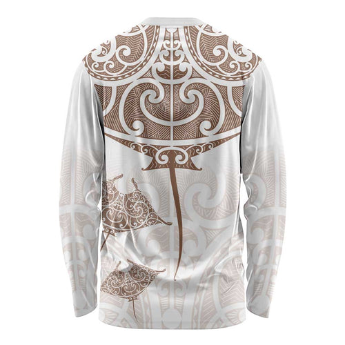New Zealand Manta Ray Tattoo Long Sleeve Shirt Aotearoa Maori Haehae Beige - Aussie Hoodie
