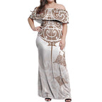 New Zealand Manta Ray Tattoo Off Shoulder Maxi Dress Aotearoa Maori Haehae Beige - Aussie Hoodie
