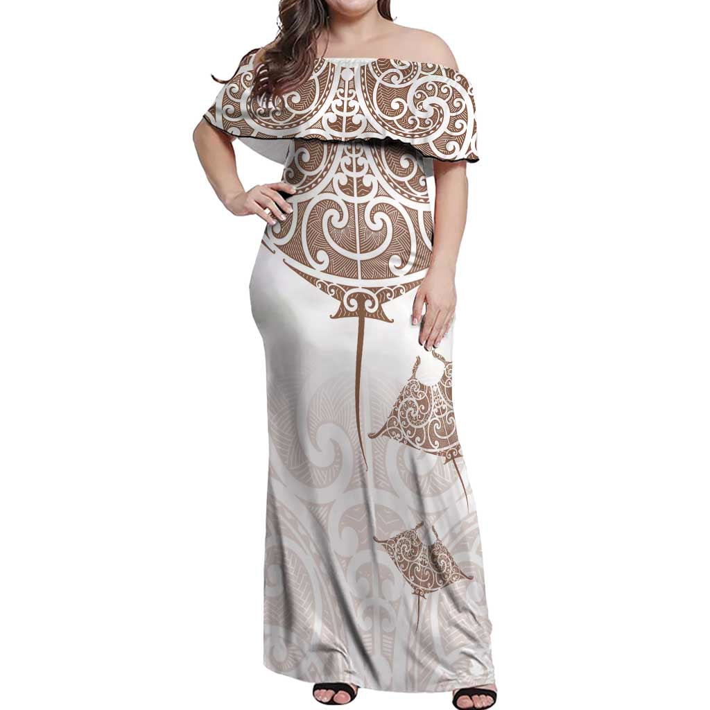 New Zealand Manta Ray Tattoo Off Shoulder Maxi Dress Aotearoa Maori Haehae Beige - Aussie Hoodie
