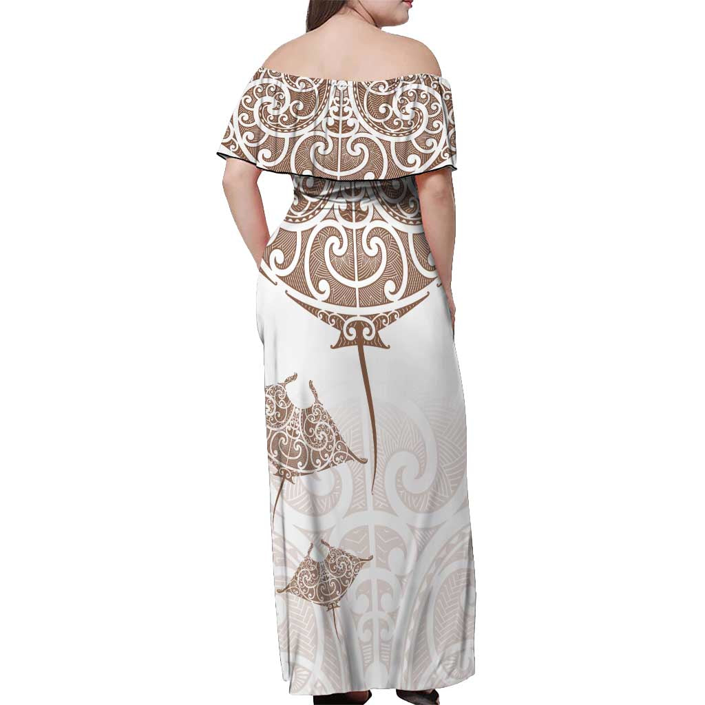 New Zealand Manta Ray Tattoo Off Shoulder Maxi Dress Aotearoa Maori Haehae Beige - Aussie Hoodie