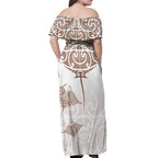 New Zealand Manta Ray Tattoo Off Shoulder Maxi Dress Aotearoa Maori Haehae Beige - Aussie Hoodie