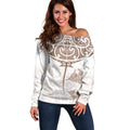 New Zealand Manta Ray Tattoo Off Shoulder Sweater Aotearoa Maori Haehae Beige - Aussie Hoodie