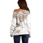 New Zealand Manta Ray Tattoo Off Shoulder Sweater Aotearoa Maori Haehae Beige - Aussie Hoodie
